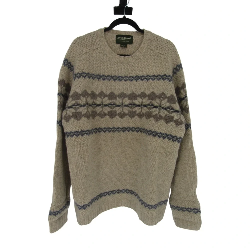 Eddie Bauer Sweater Mens XL Beige Wool Heritage Fair Isle Nordic Crew Neck